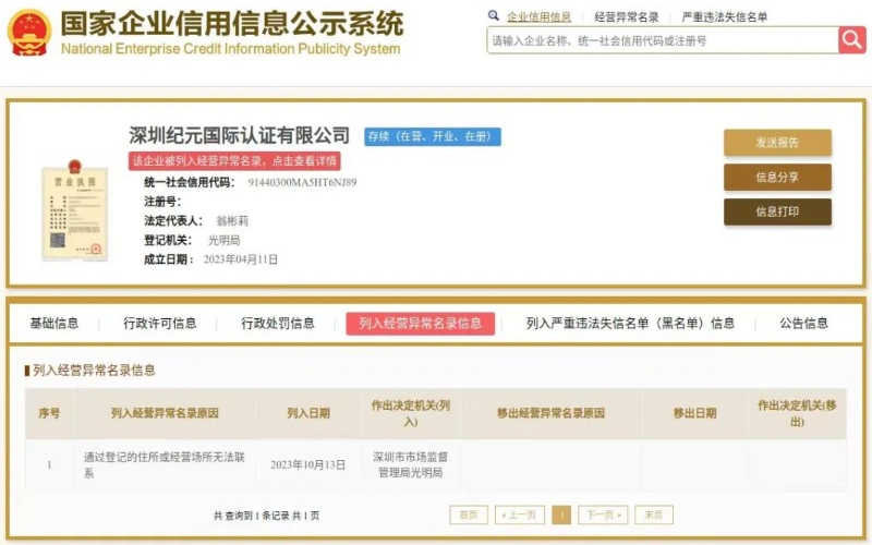 深圳纪元国际认证有限公司被列入经营异常名录