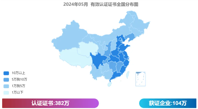 最新全国各省份认证证书数分布(截止2024年5月)